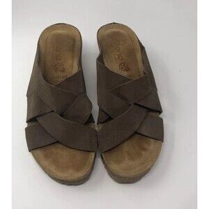 Yokono Sandals Womens 8 Brown Beige Wedge Heel Leather Slip On Open Toe Cork